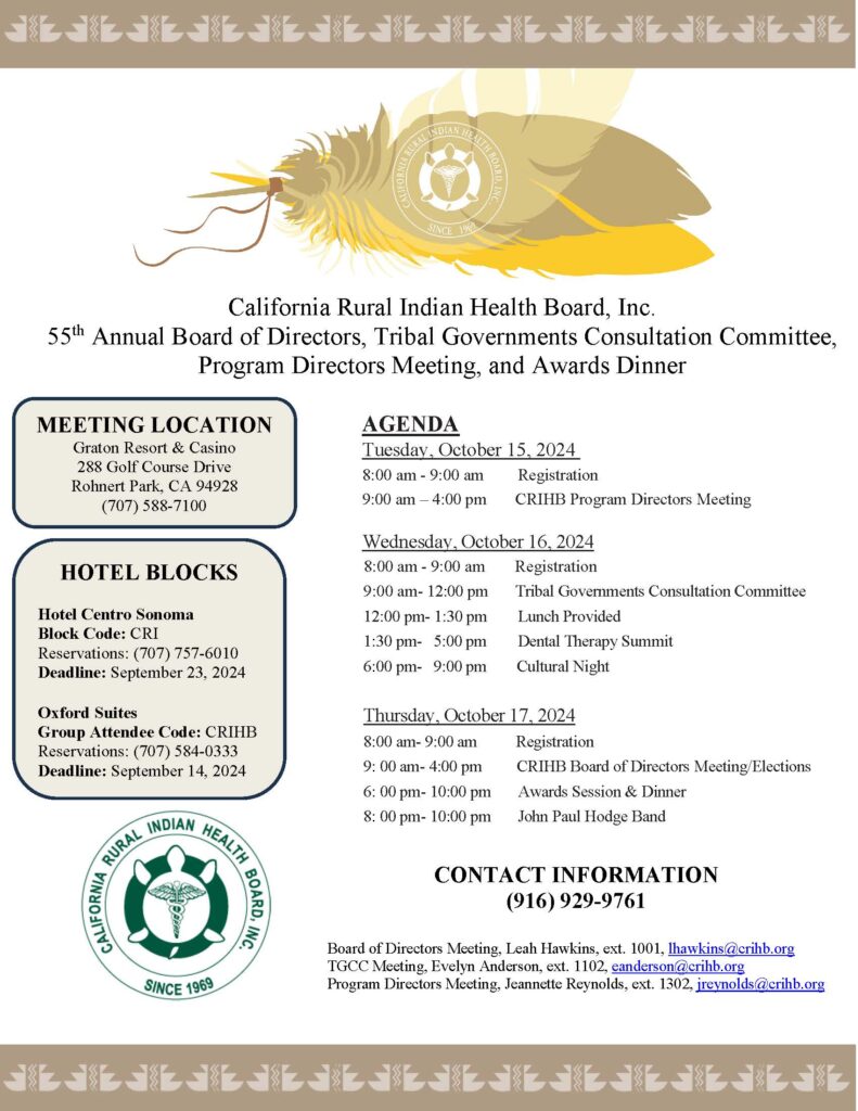 California Rural Indian Health Board, Inc. 55th Annual Board of Directors, Tribal Governments Consultation Committee, & Tribal Health Program Directors\' Meeting and Awards Dinner